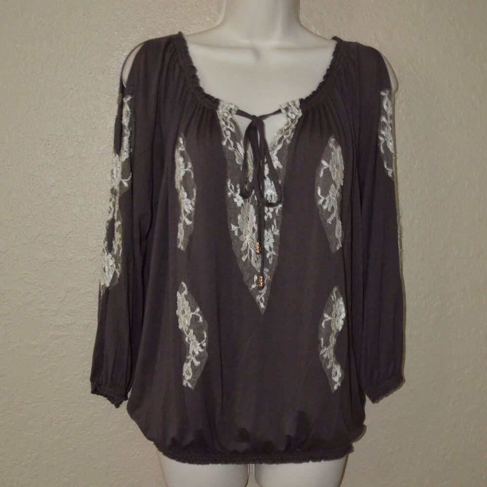 Sz S Vanita Rosa Brown Lace Detail 3/4 Sleeve Stretchy Cold Shoulder Blouse Top